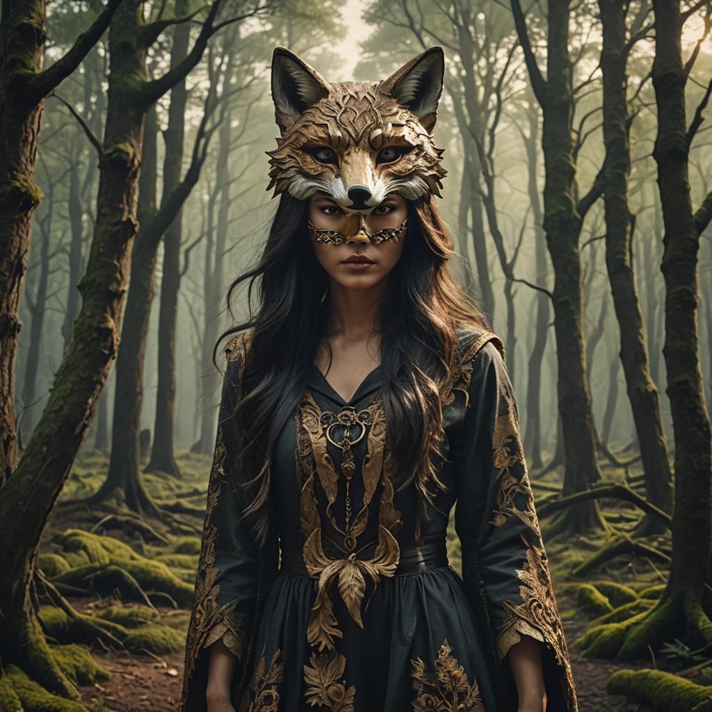 Woman with Fox Mask in Detailed Digital Painting