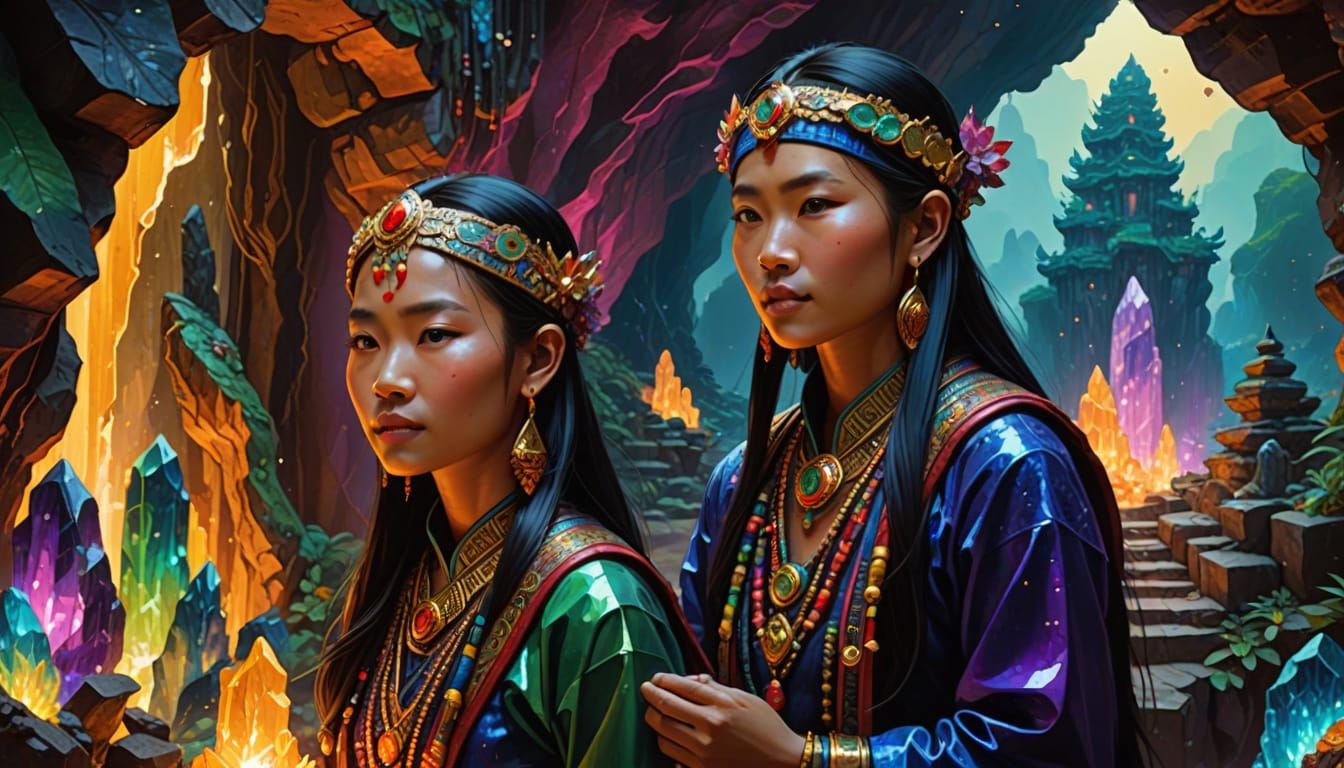 Vibrant Fantasy Art of Happy Hill Tribe People in a Crystal ...