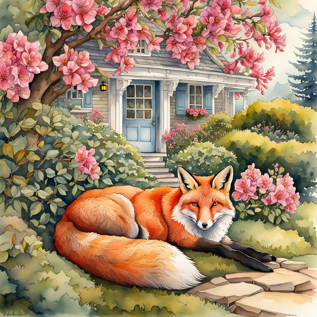Fox Resting Under Azalea Bush: Watercolor Storybook Art