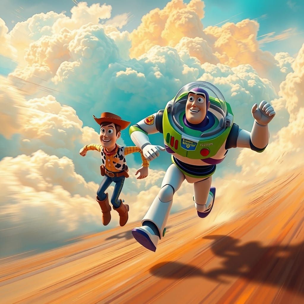 Woody and Buzz Lightyear in a Futuristic Sprint