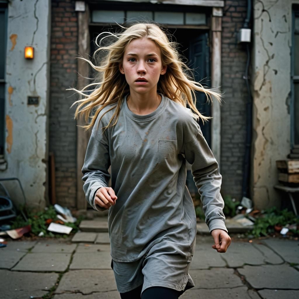 Girl Runs Towards Deserted House: High-Contrast Portrait
