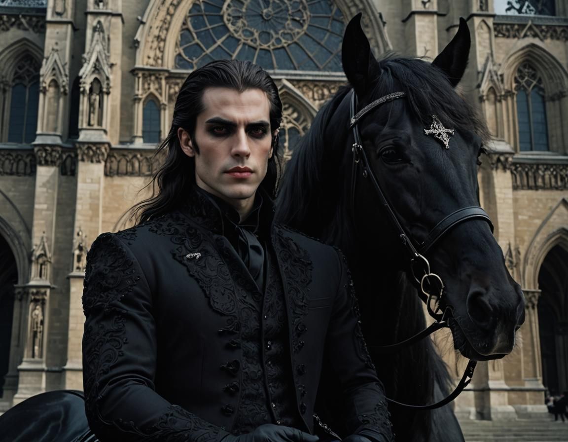 Gothic Man Portrait on Black Horse in Digital Painting