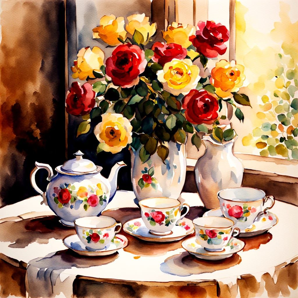 Antique Tea Set Still Life in Watercolor Style