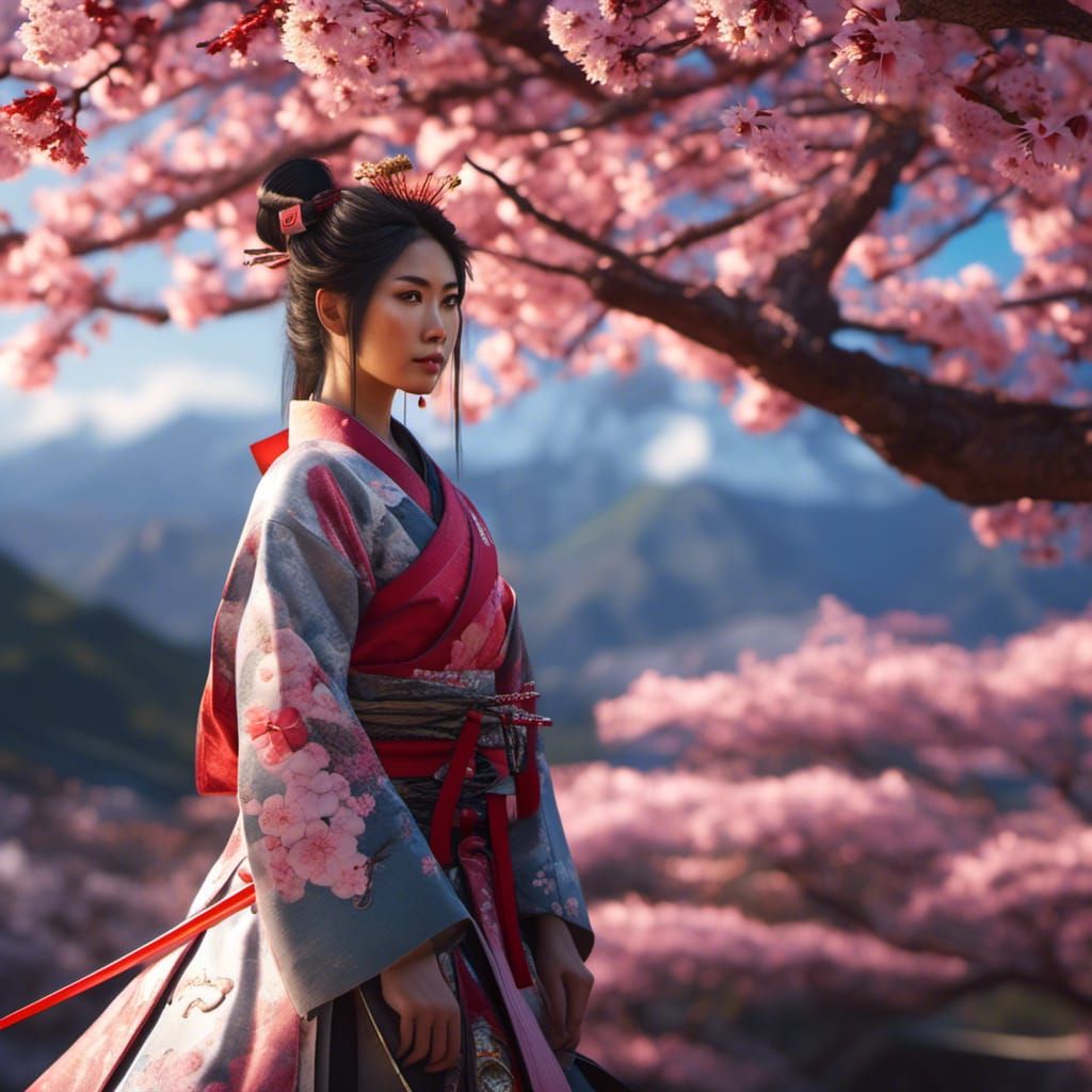 Asian Samurai Lady with Cherry Blossoms, Hyperrealistic