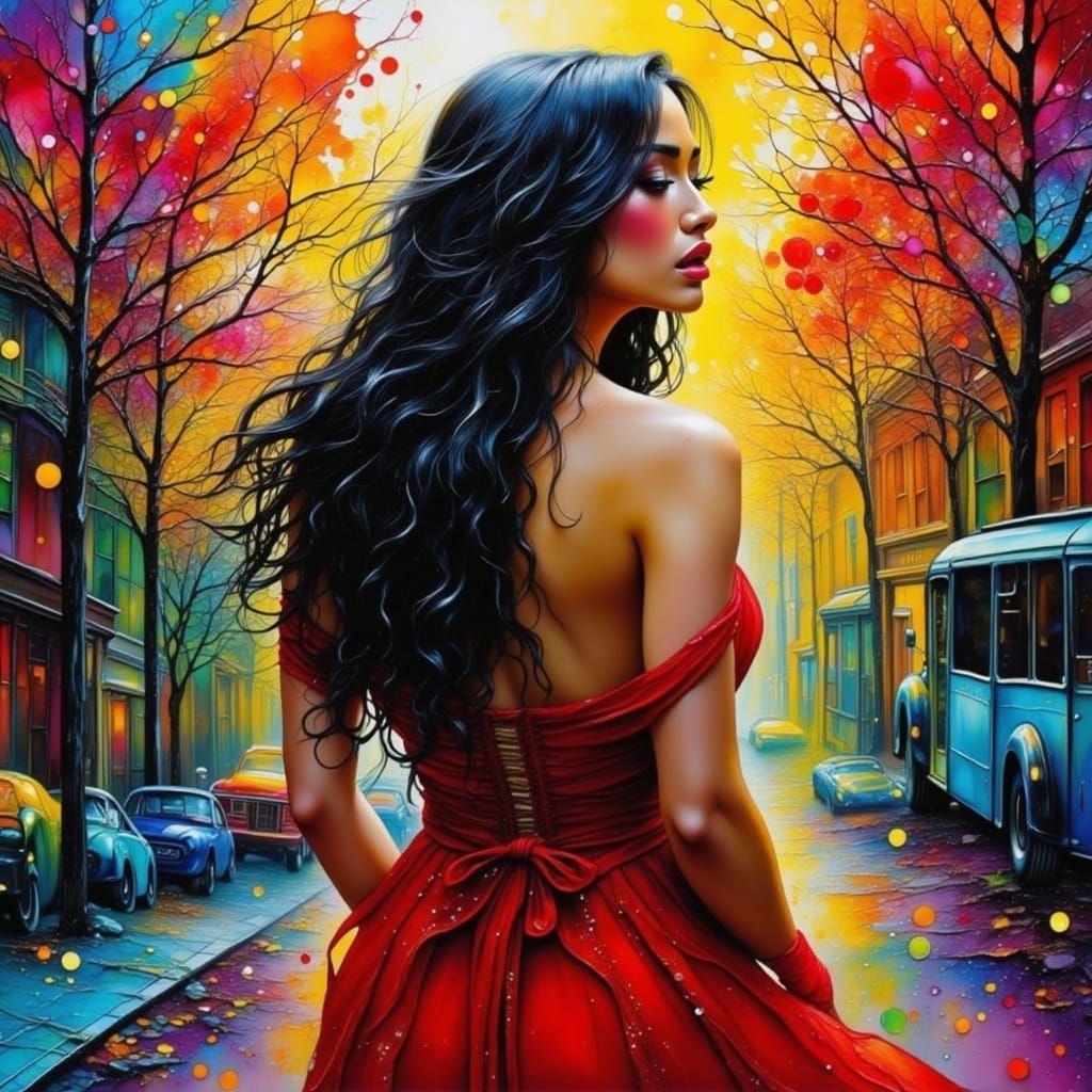 Latin Model in Red Dress with Paint Splatter