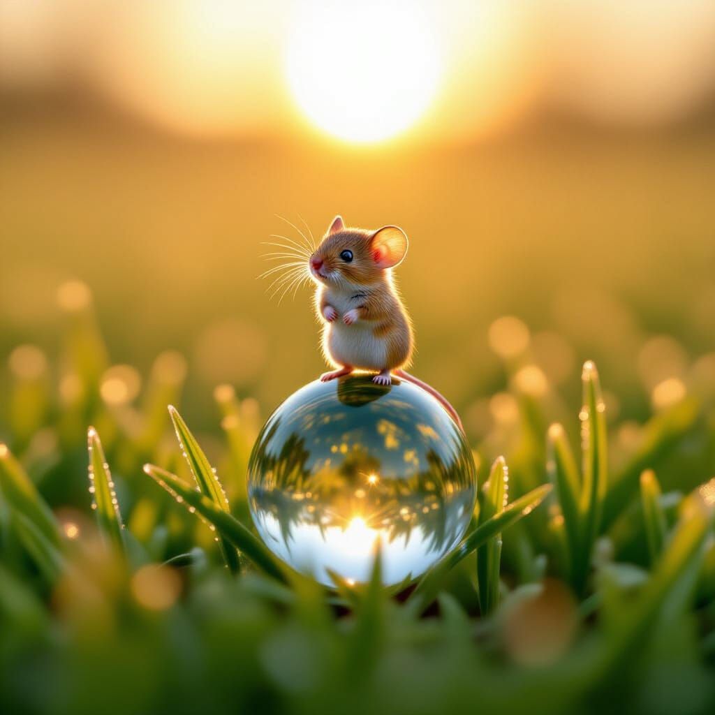 Triumphant Mouse Surveys Miniature Kingdom at Dawn