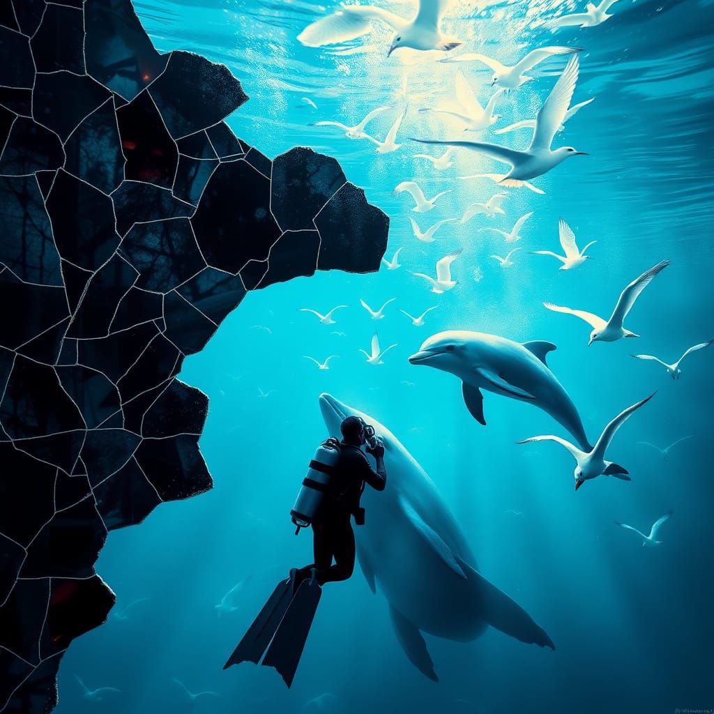 Diver and Dolphin in Surreal Underwater Landscape