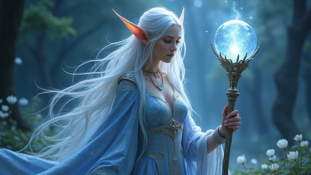 Ethereal Elven Mage in Mystical Dreamlike Glade