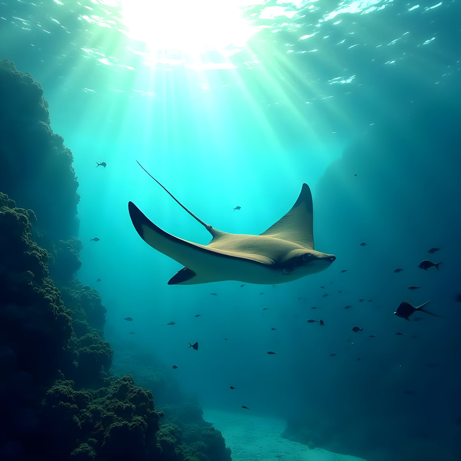 Sunlit Guitarfish Ray in Serene Ocean Scene