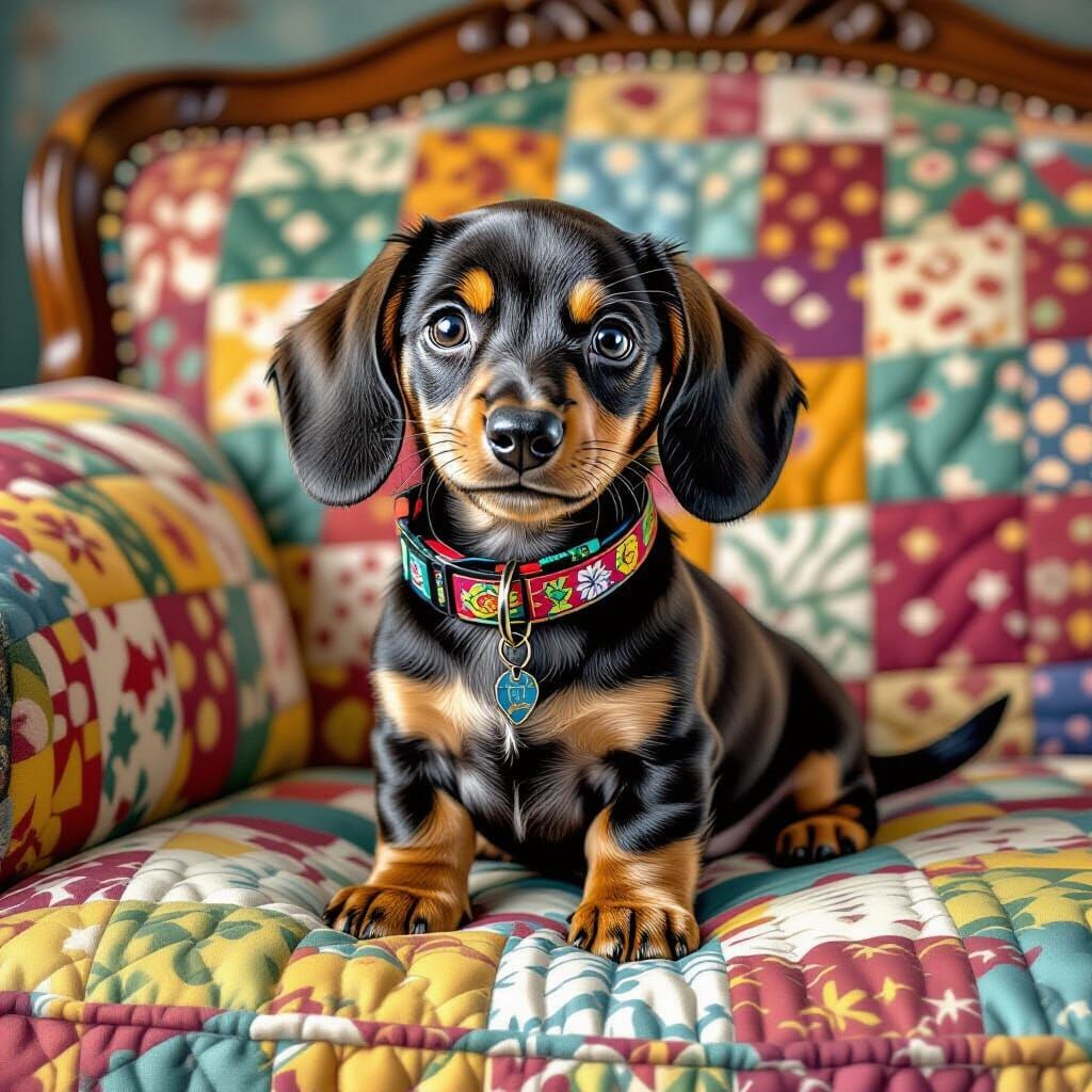 Hyper-Realistic Dachshund Puppy on Quilt in Comic Style