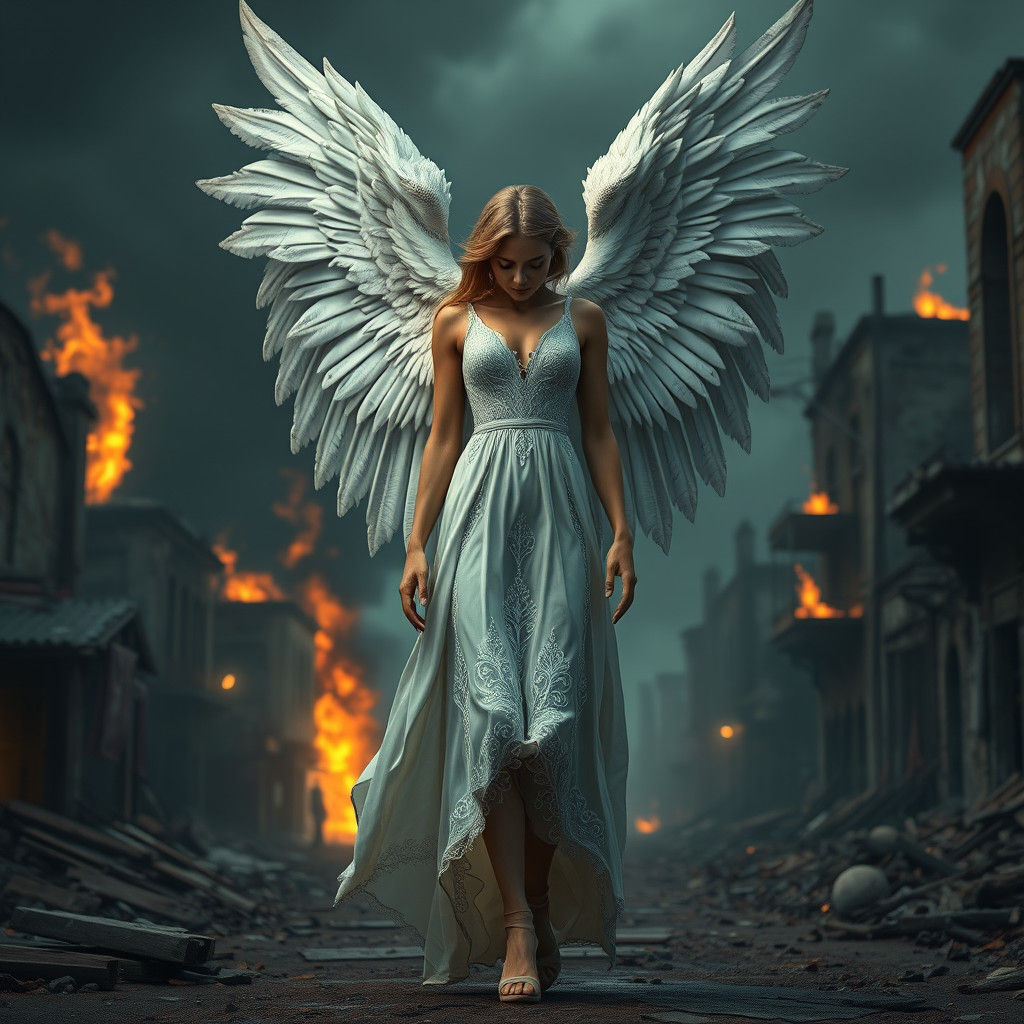 Sorrowful Angel in Post-Apocalyptic Ruins