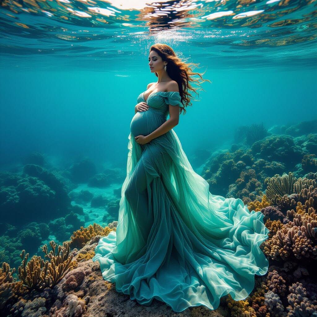 Pregnant Woman in Sea Kelp Gown, Ethereal Underwater Vibe