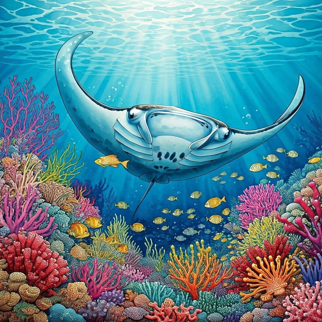 Colorful Manta Ray Over Underwater Garden