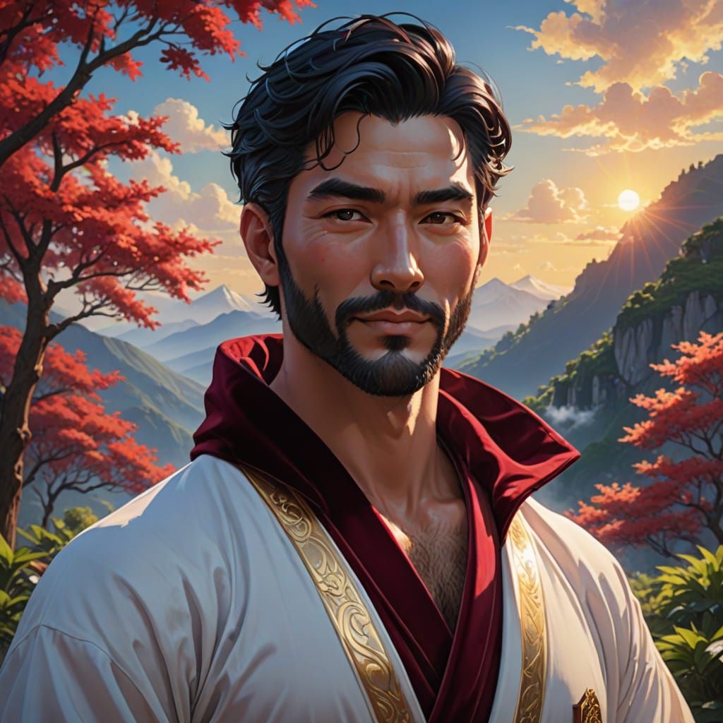 Hirsute Gentleman in Velvet Robe Amidst Mountain Landscape