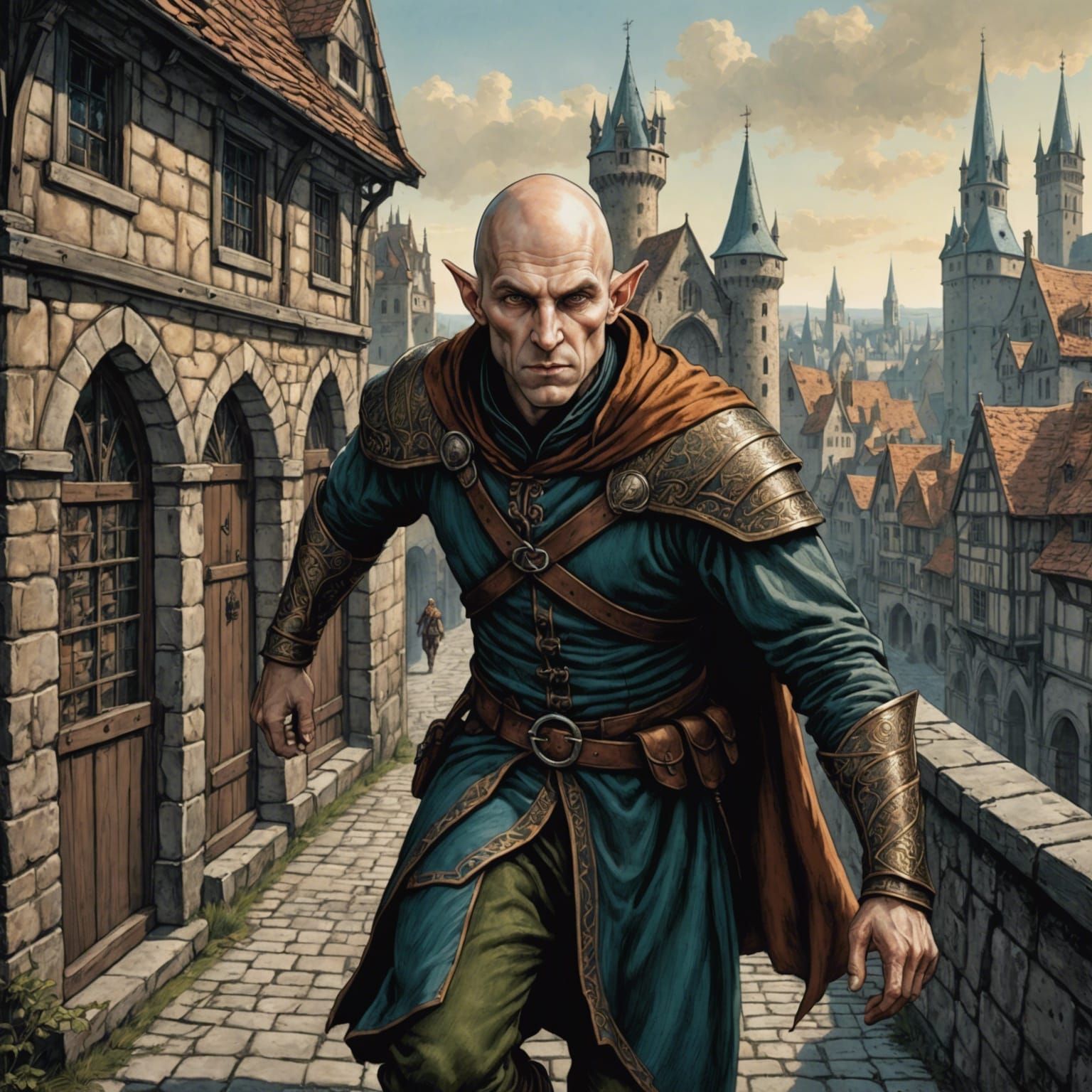Half-Elf Rogue in Medieval City, Copper Engraving