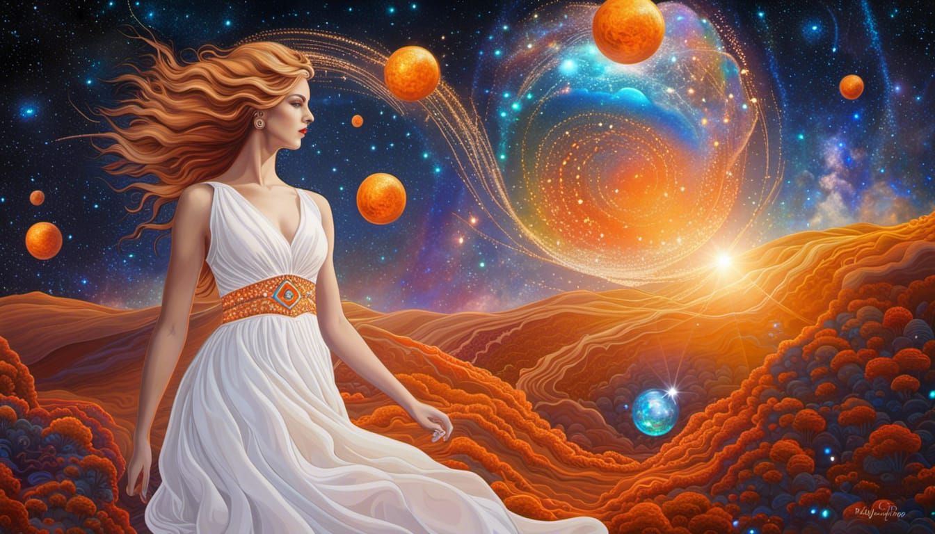 Astral Woman with Orange Jewel in Holographic Style
