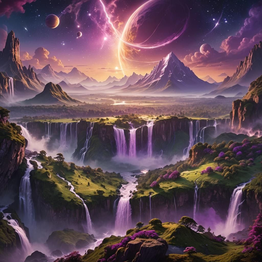 Lush Planet with Crystalline Mountains in Science Fiction St...
