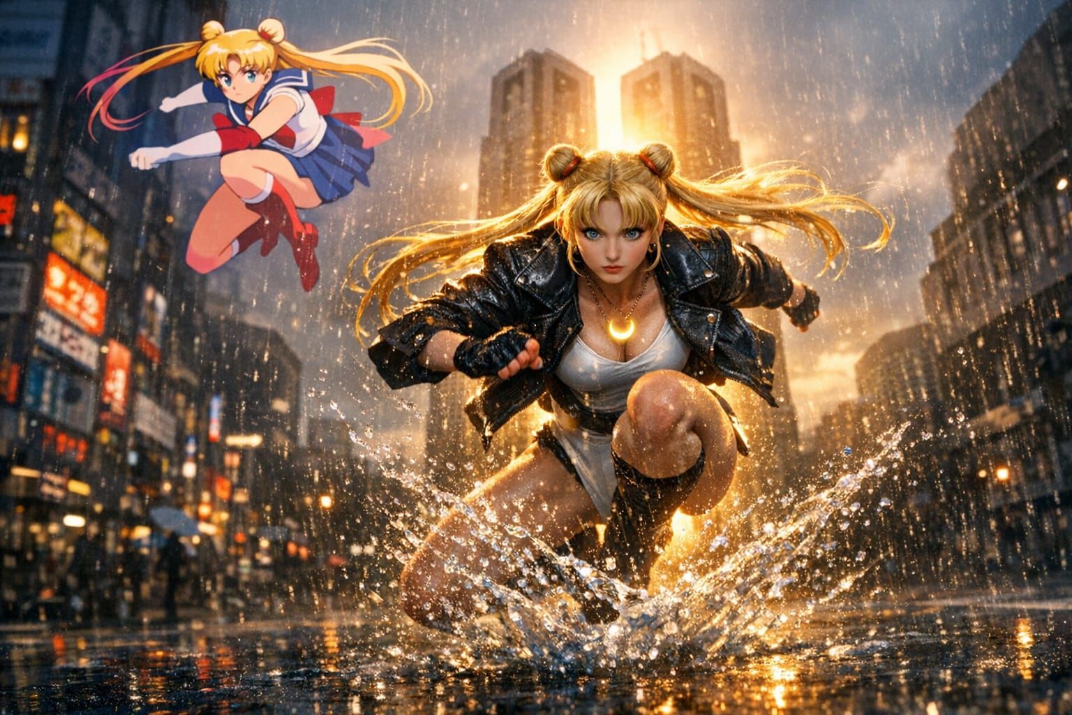 Usagi Tsukino's Fierce Leap in Rain-Soaked Shinjuku