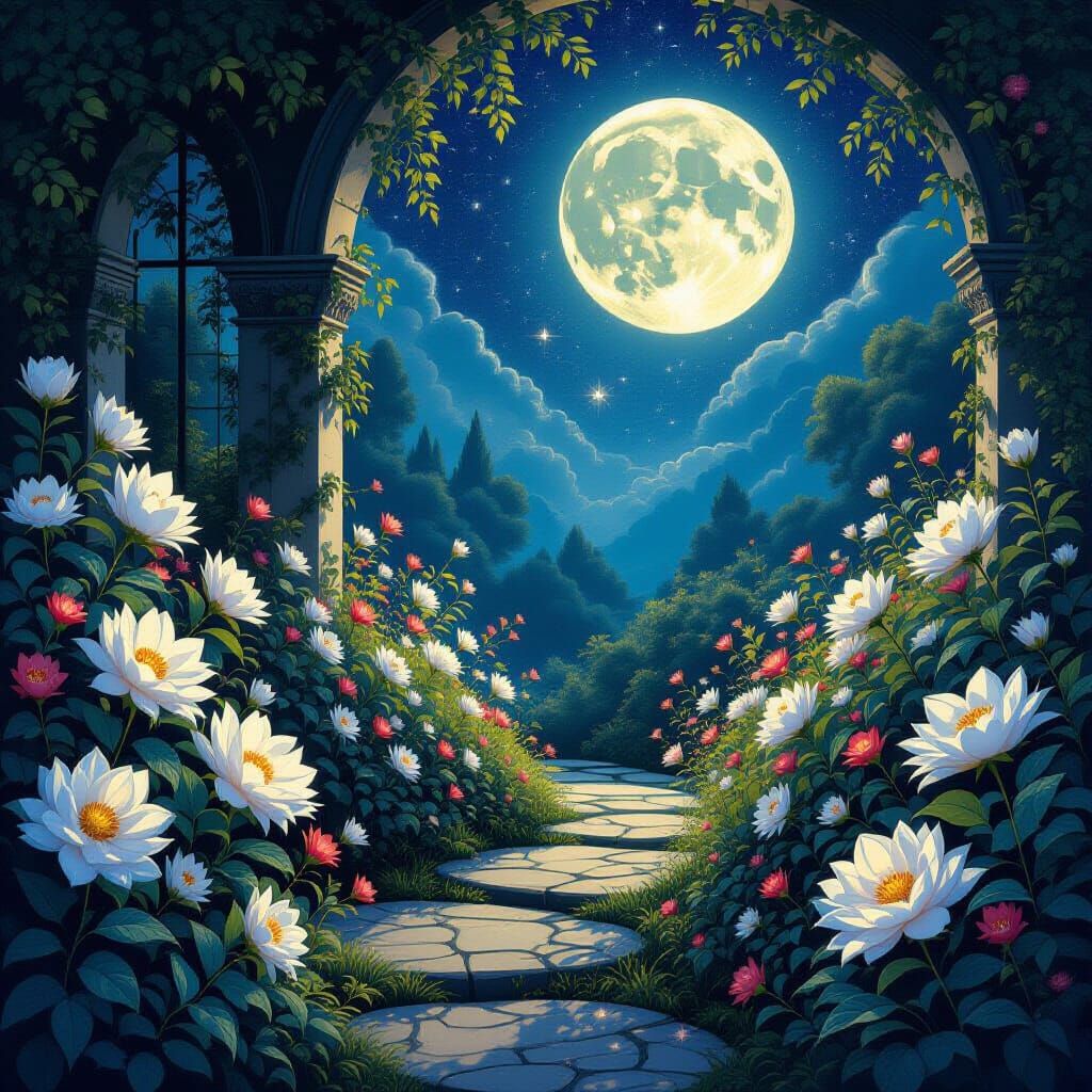 Moonlit Garden with Starlight Flowers in Digital Art Style