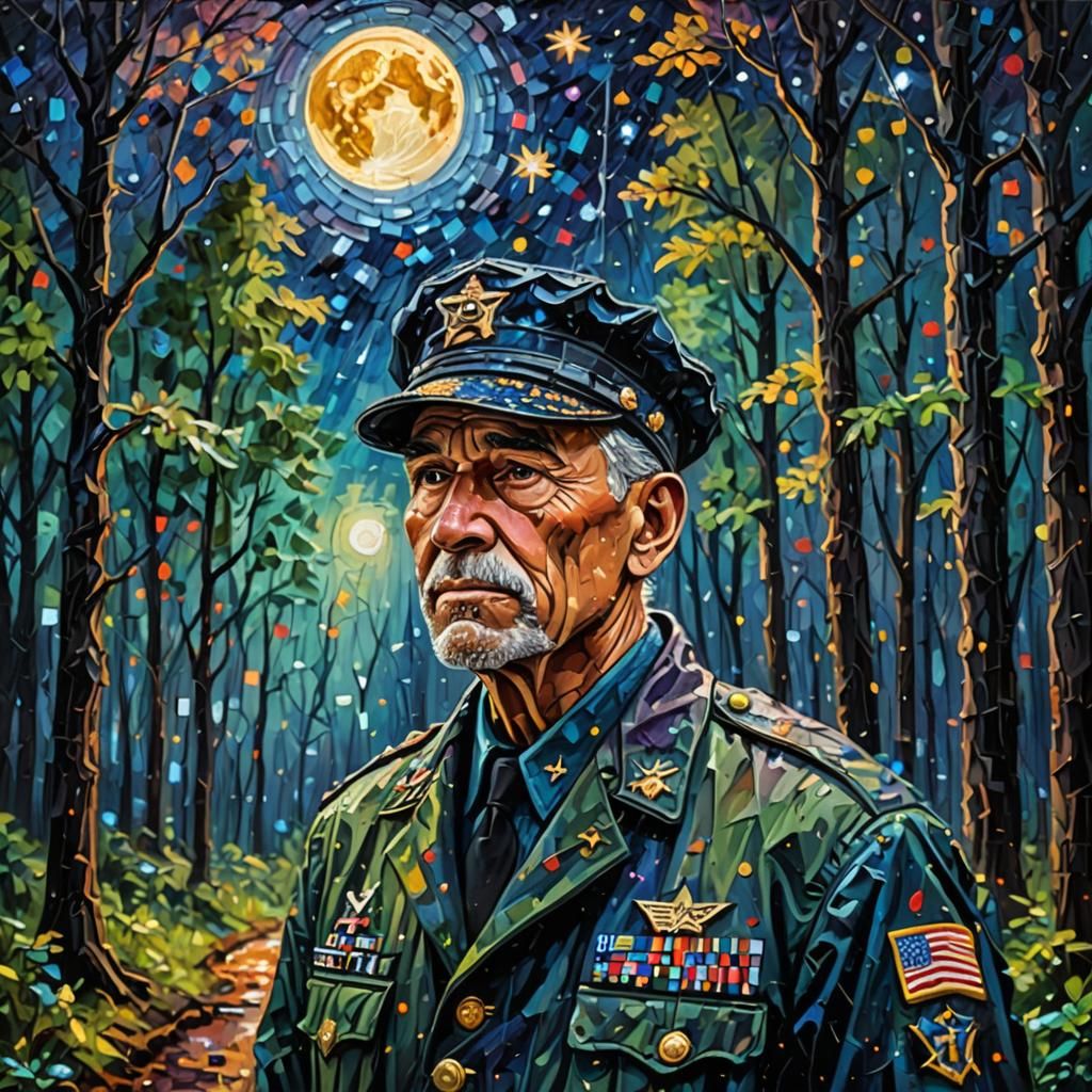 War Veteran Under Starry Sky: Neo-Impressionist Oil Painting