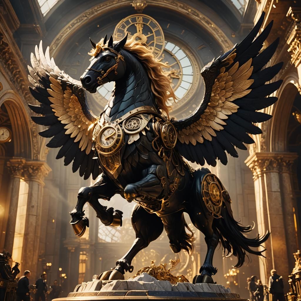 Marble Pegasus with Golden Clock and Wings
