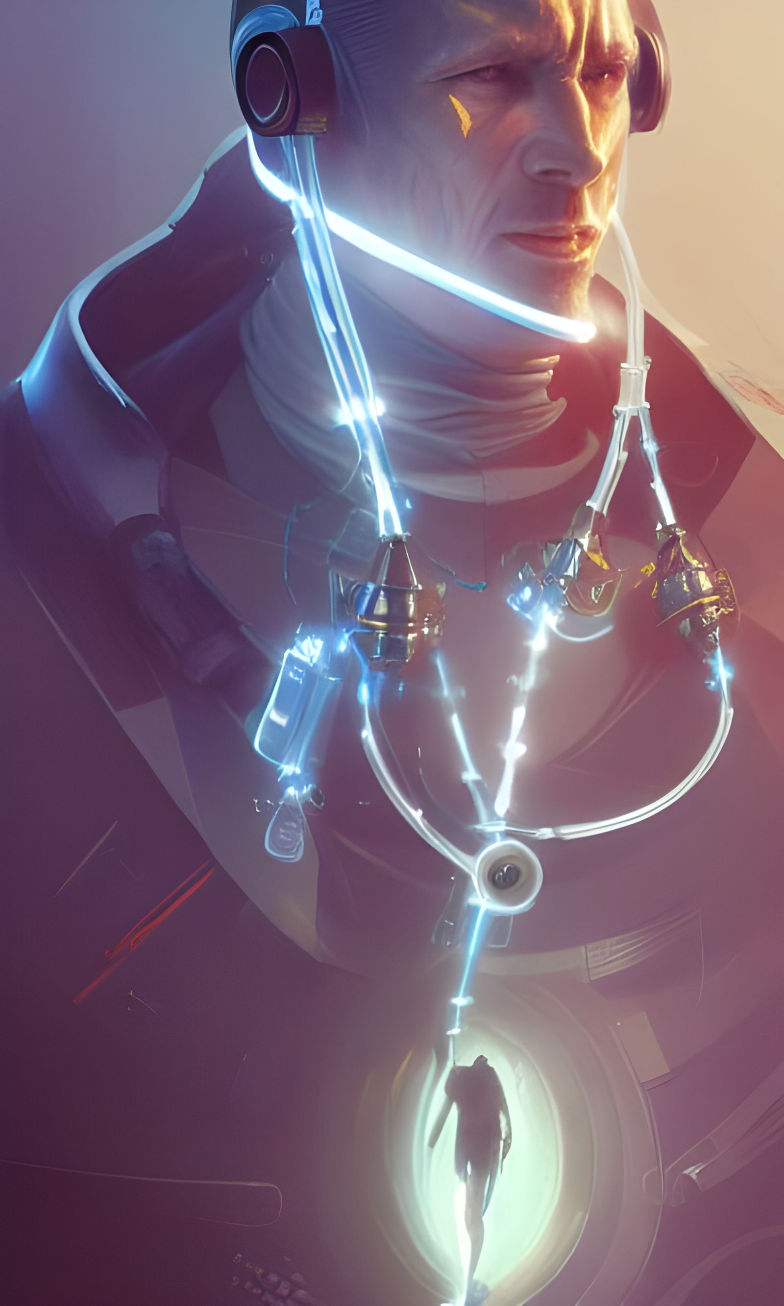 Cyborg Priest Portrait in Dystopian Sci-Fi Style