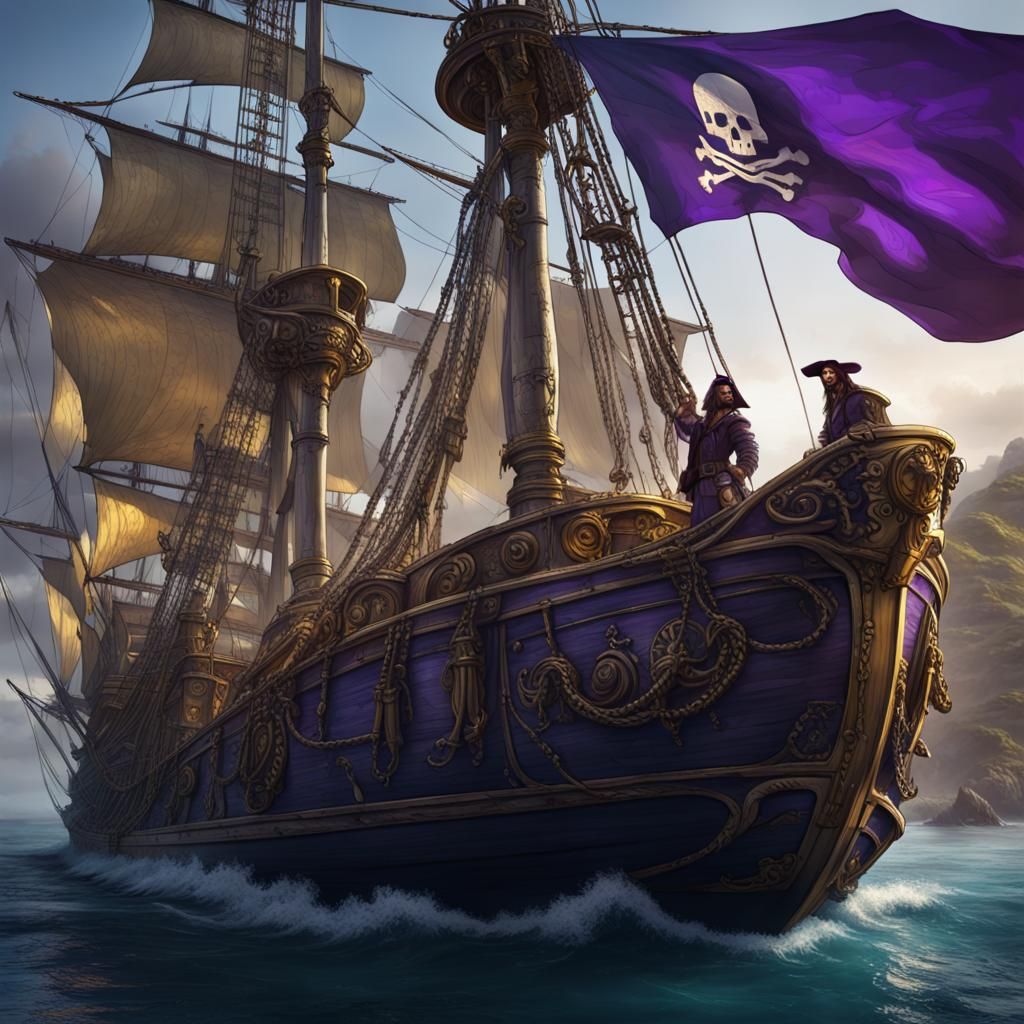 Luxurious Pirate Ship with French Flag in Dark Fantasy Style