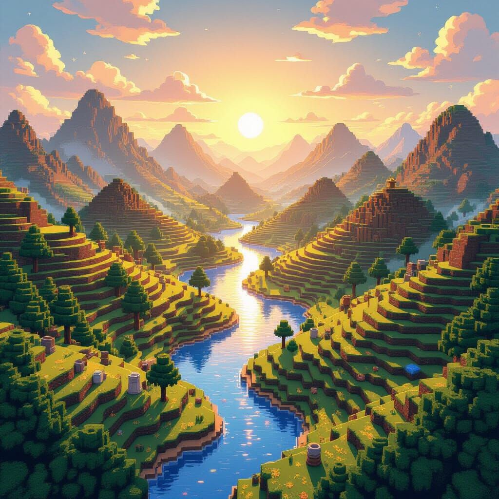 Vibrant Pixel Art Minecraft World at Golden Hour