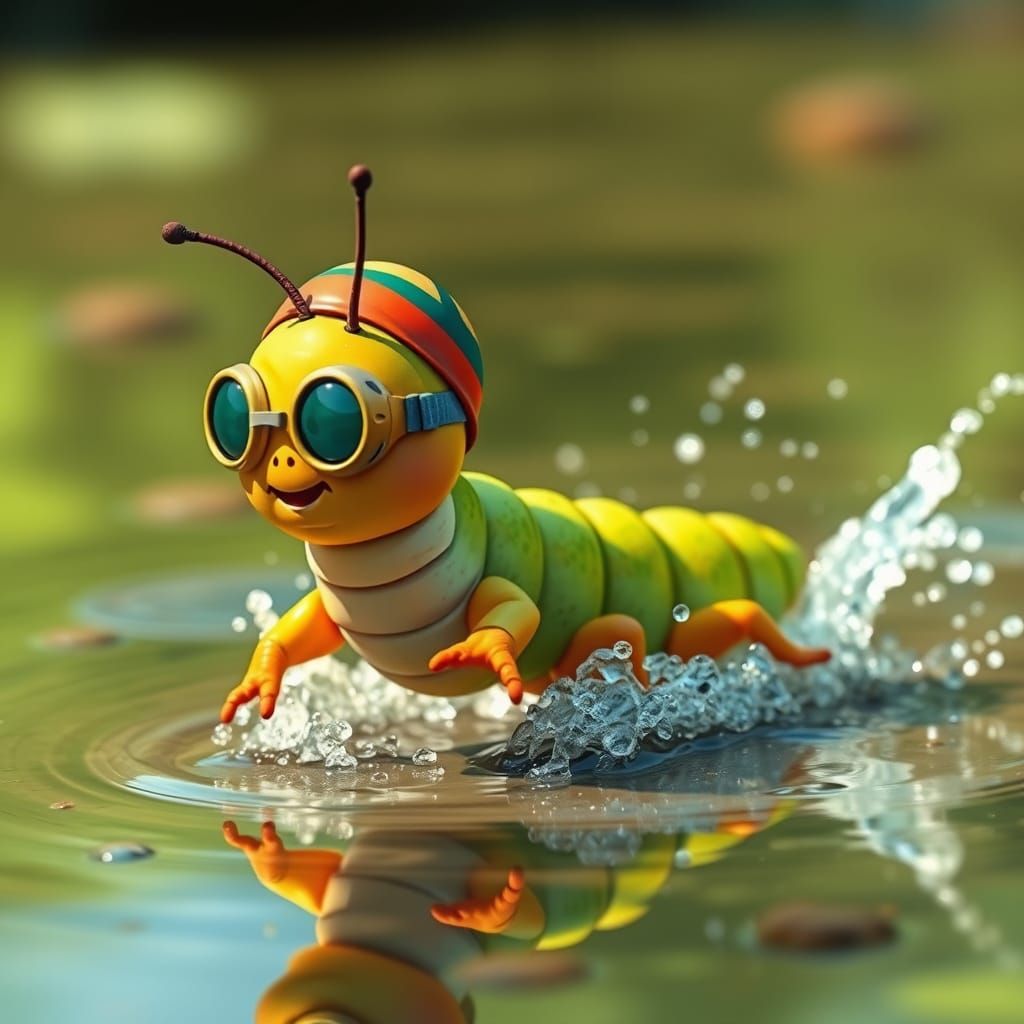 Joyful Caterpillar Swimming in Miyazaki Style