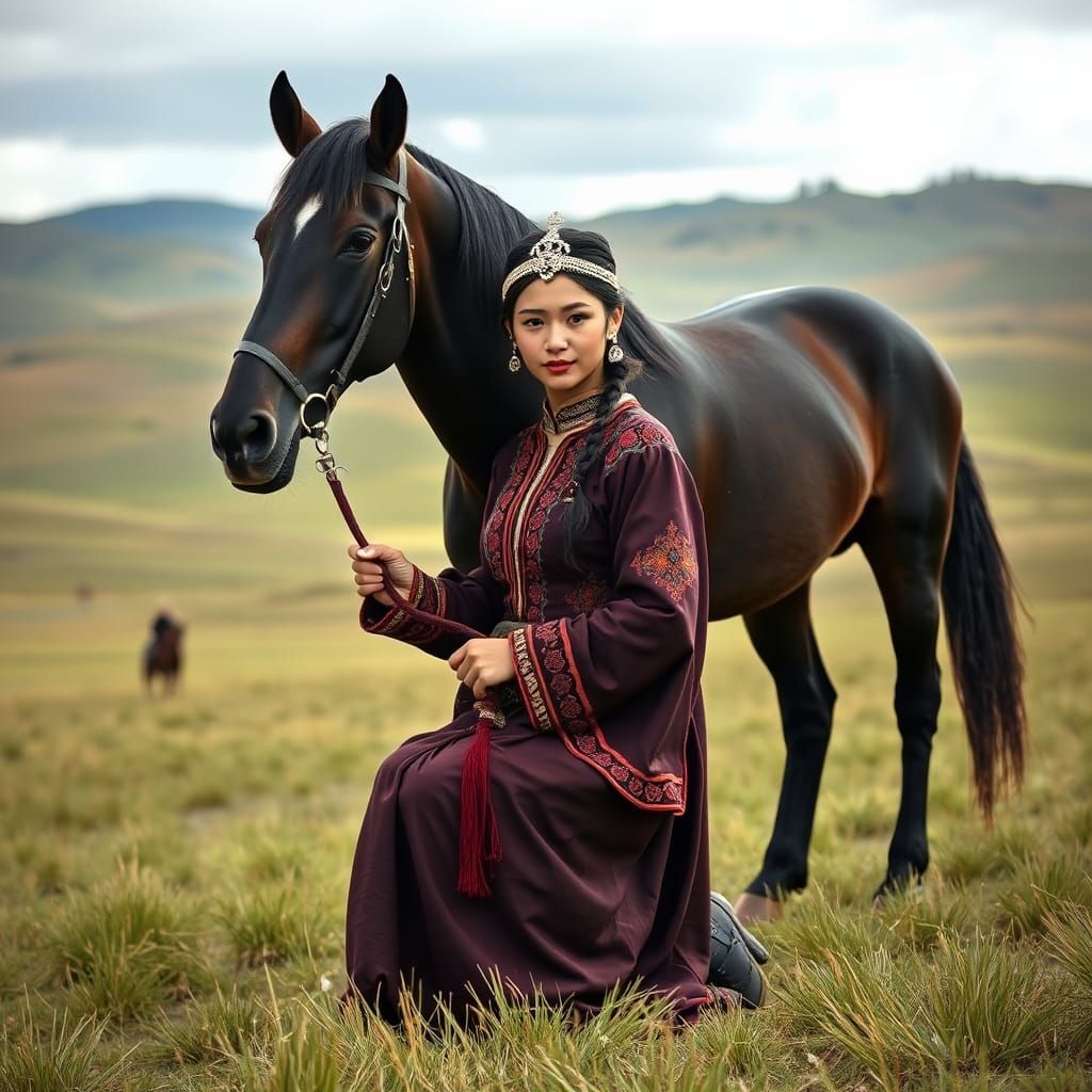 Mongolian Woman with Horse on Grassy Steppe