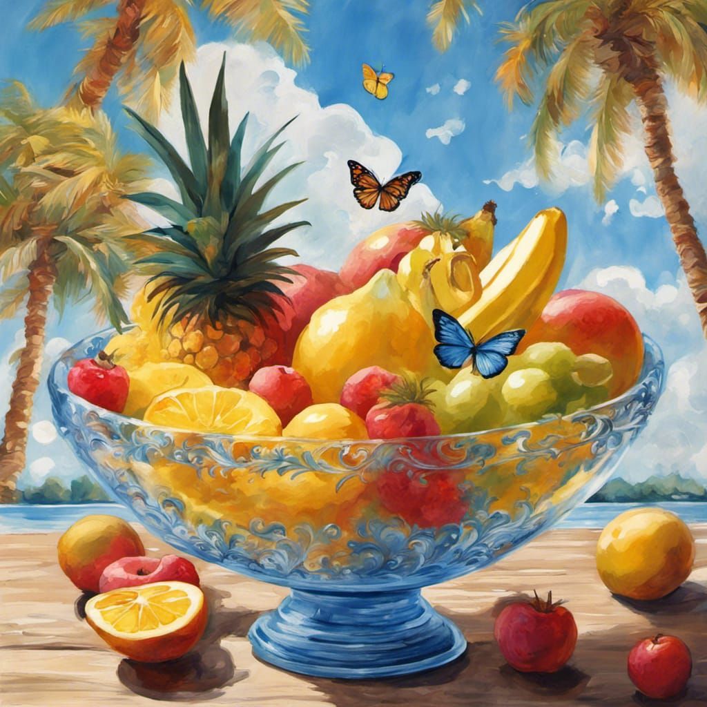 Hyperrealistic Fruit Bowl on Island Beach, Gouache Style