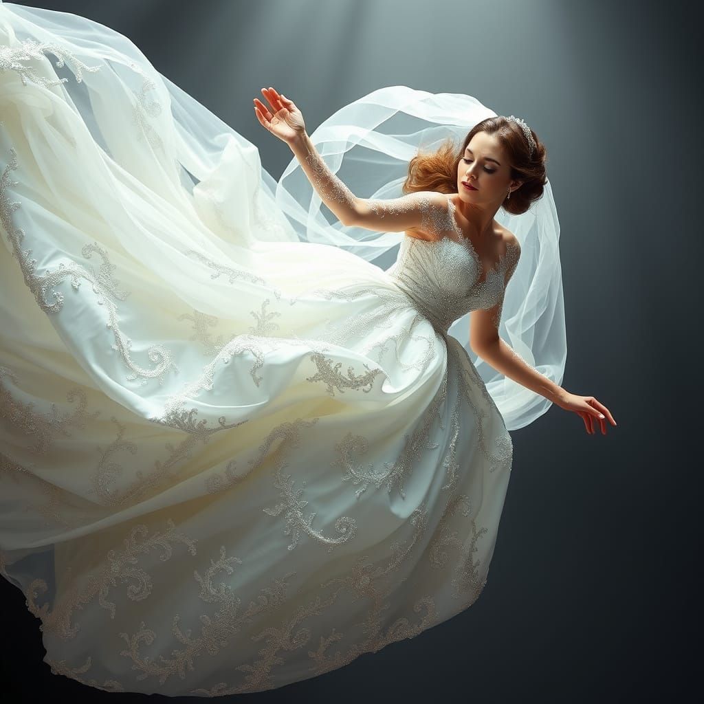 Ethereal Bride in Ivory Gown, Surrounded by Soft Glow