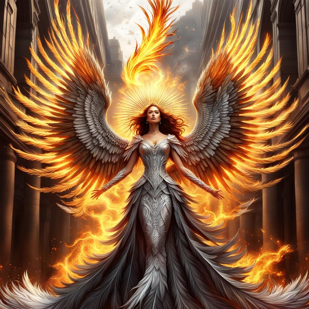 Fiery Phoenix Woman with Silver Feathers and Halo