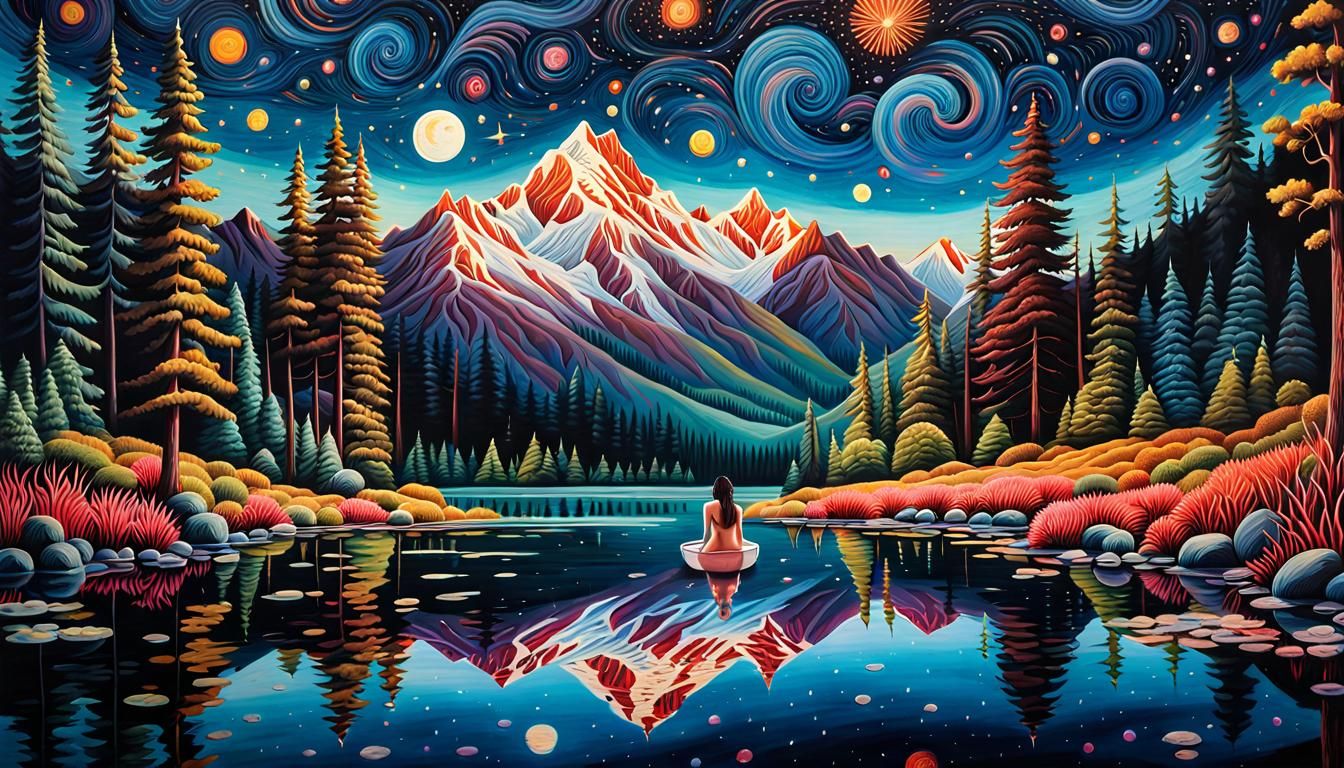 Bathing Under Stars: Hyperrealistic Night Sky Art