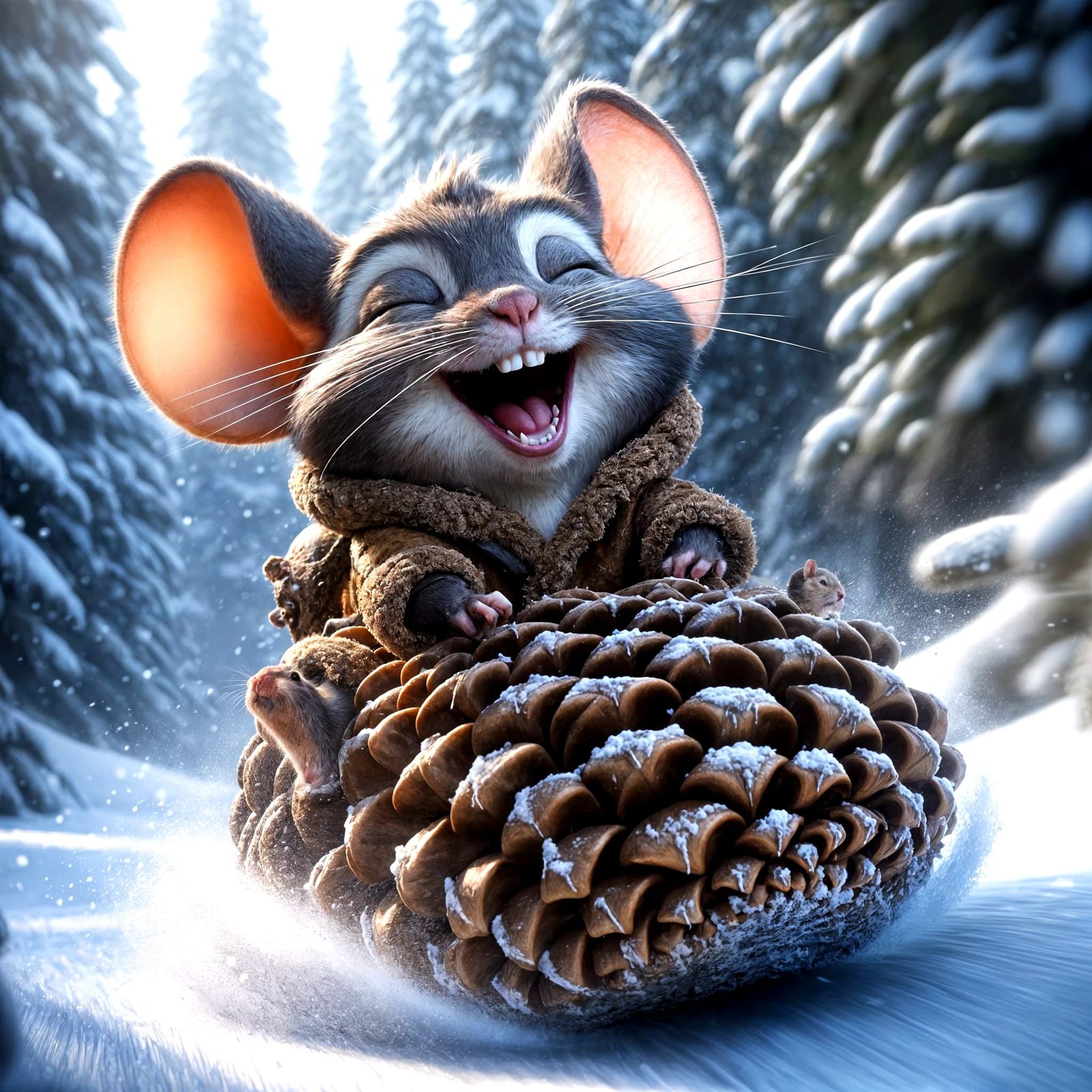 Joyful Mouse Sleds Down a Pine Cone in a Snowy Forest