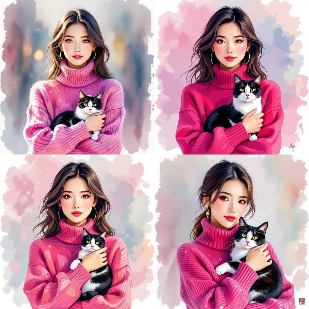 Chinese Woman with Kitten, Watercolor Hyperrealism