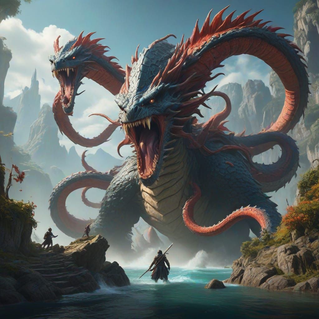 Heroic Fantasy Adventurers Confront Hydra in Epic Scene