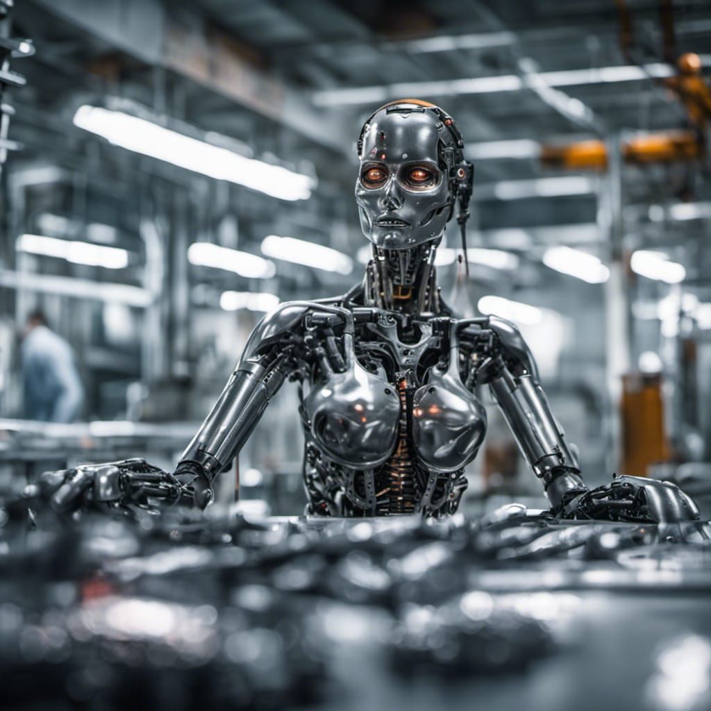 Female Terminator on Assembly Line in Cyberpunk Style