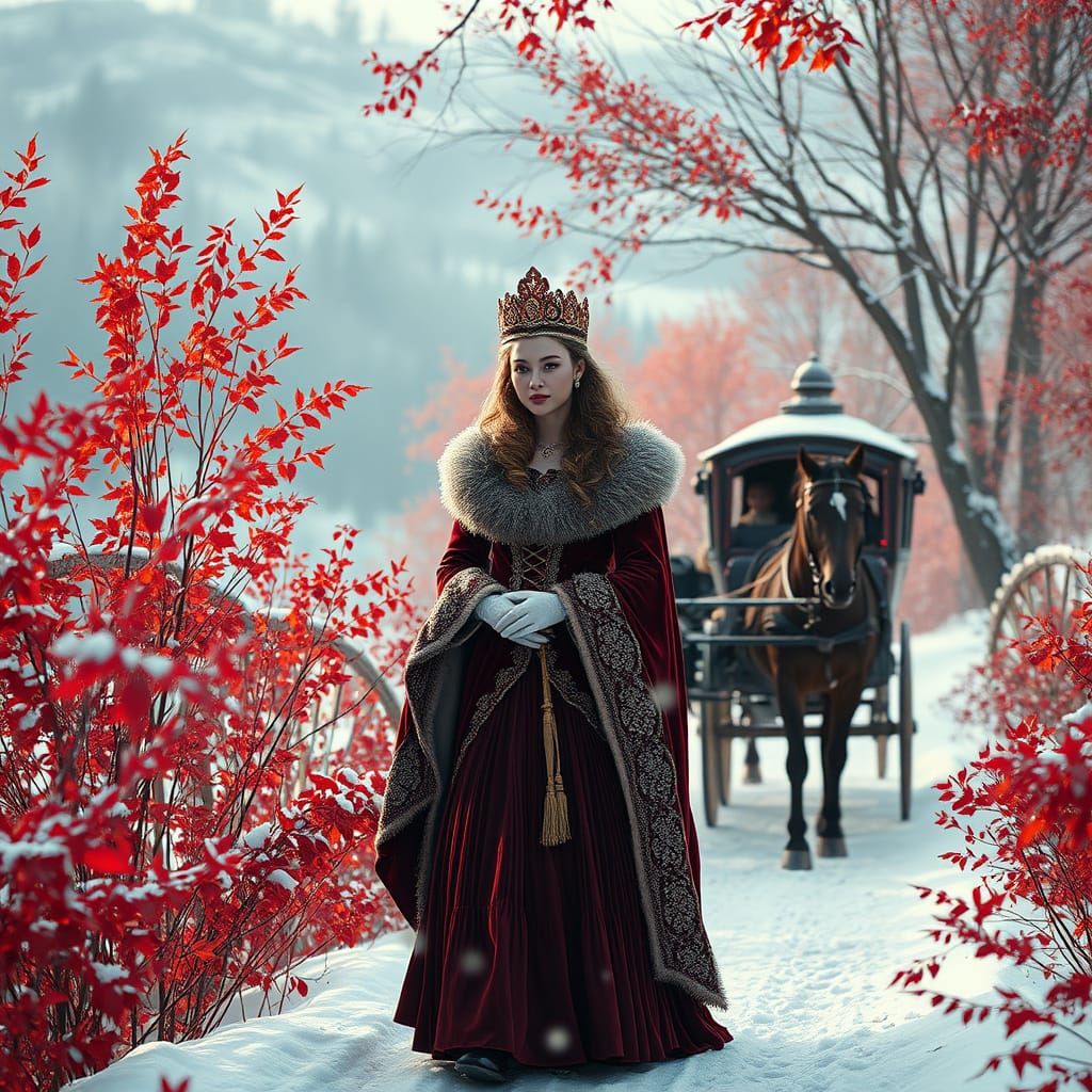 Snow Queen in Gilded Autumn Landscape, Digital Matte Paintin...