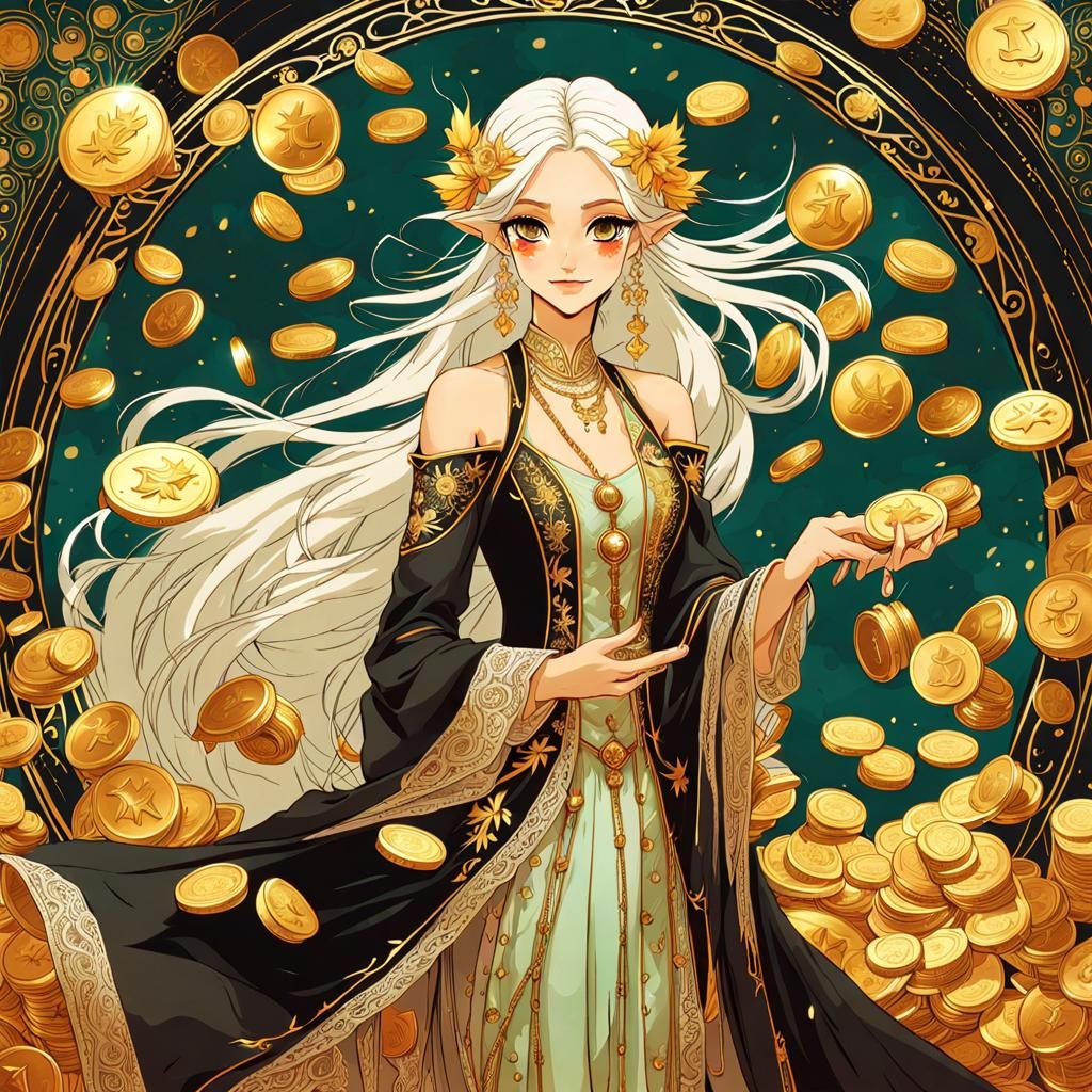 Elegant Elf Queen Tossing Golden Coins