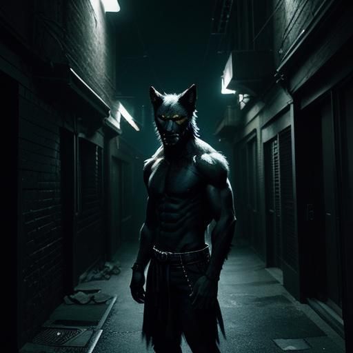 Wolf Hybrid in Dimly Lit Alleyway