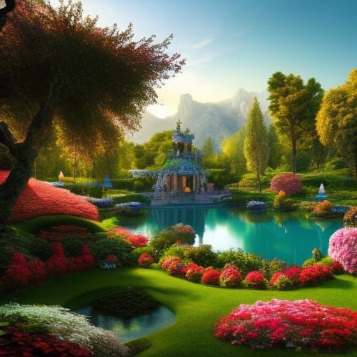 Baroque Garden Grotto at Sunset: Digital Art