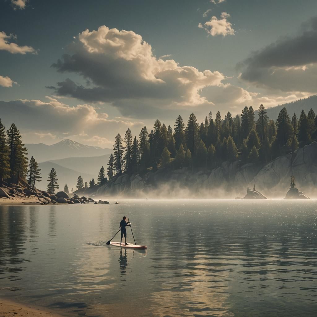 Paddle boarding off the beach at lake tahoe.