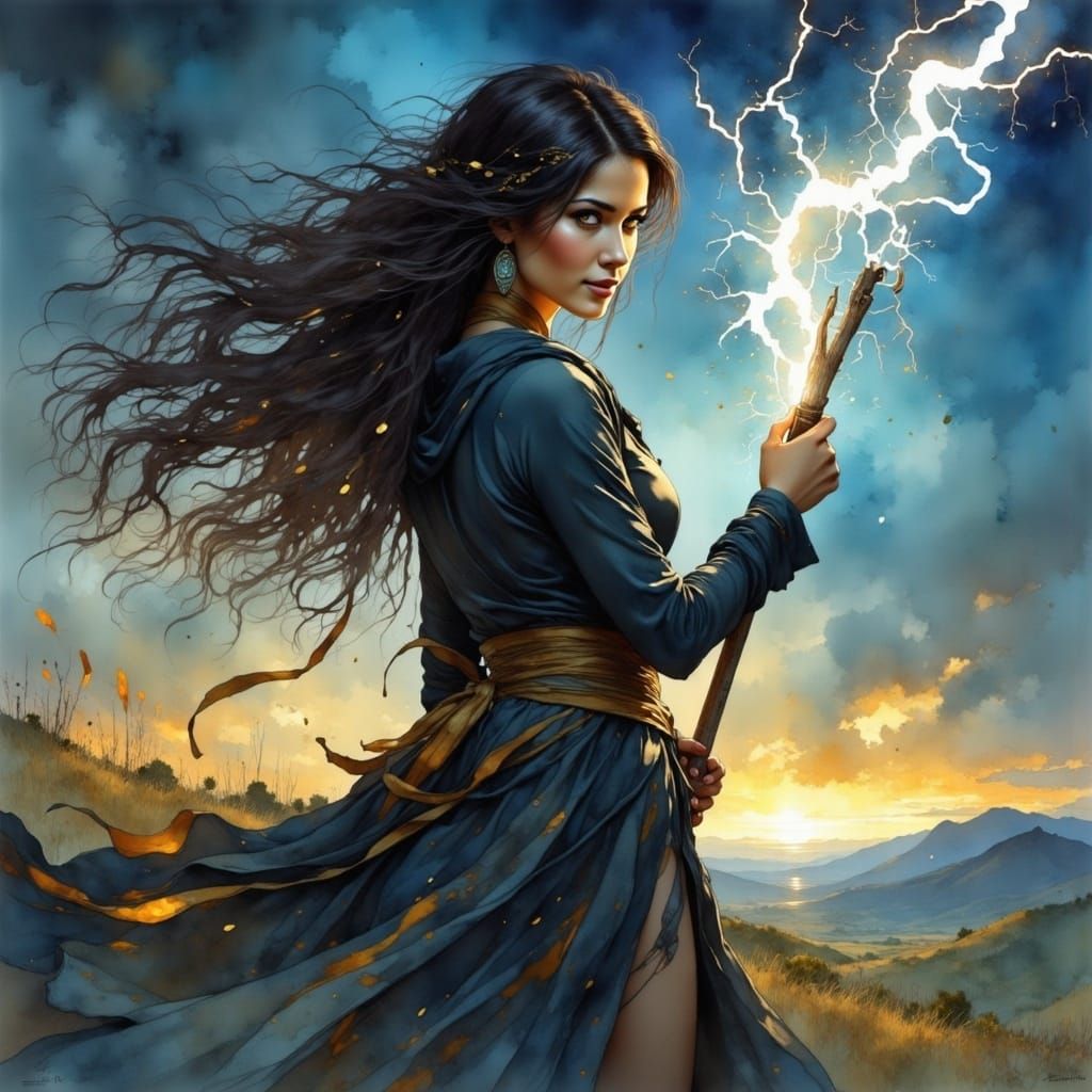 Electrifying Female Mage in Anime Style