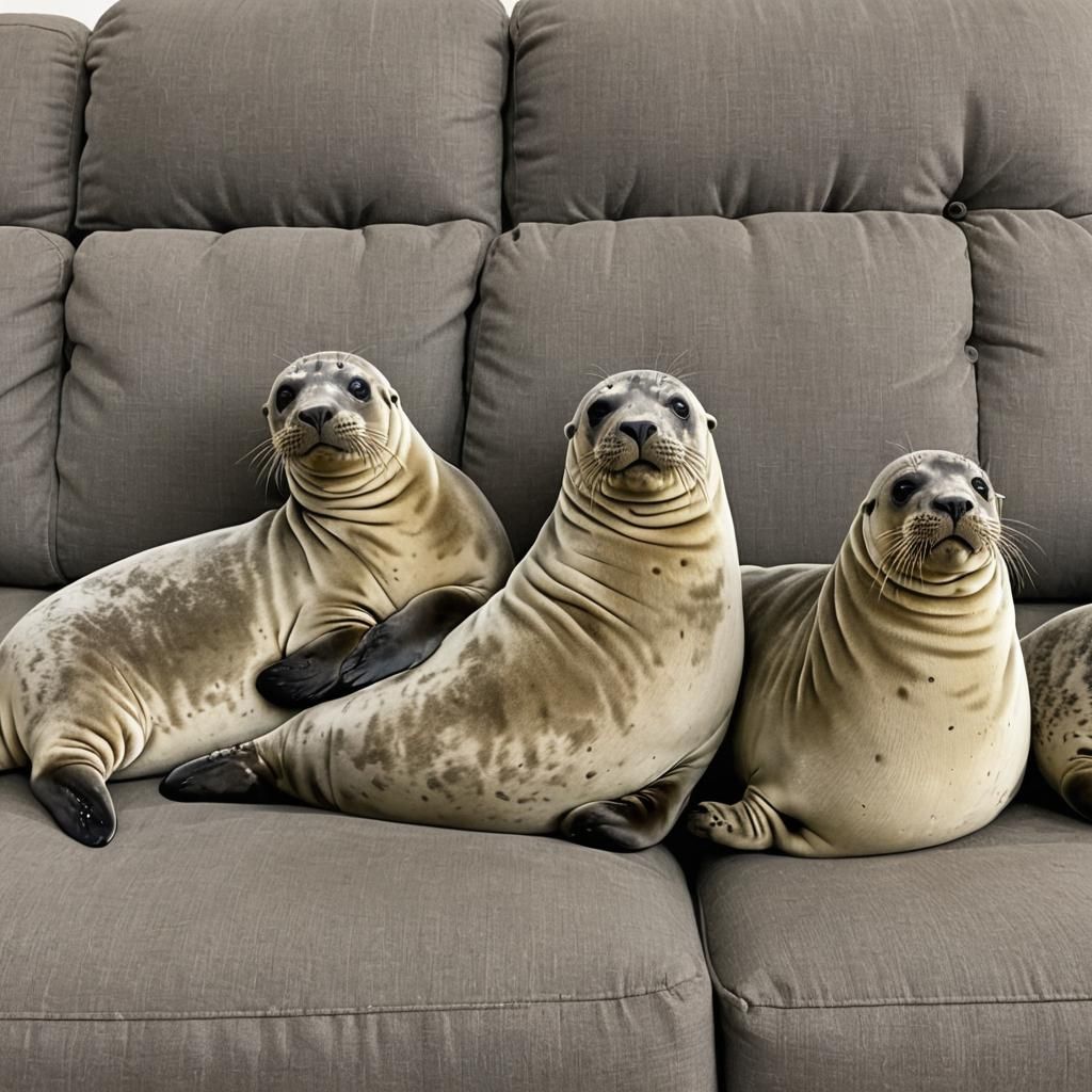 Seals Relaxing on a Plush Couch