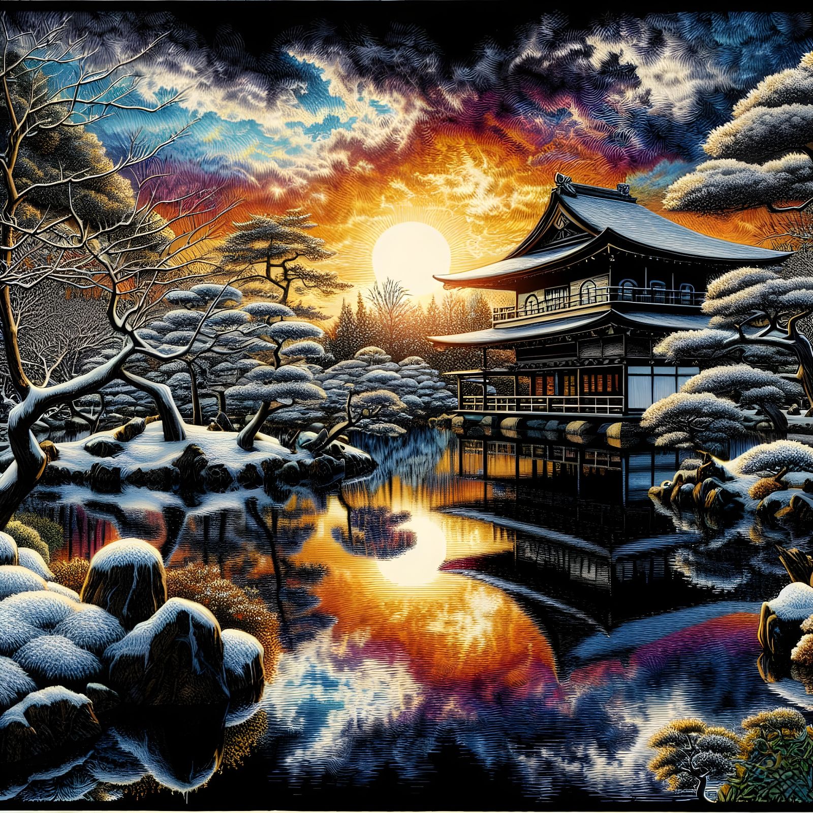 Traditional Japanese Water Garden in Winter Wonderland Scene