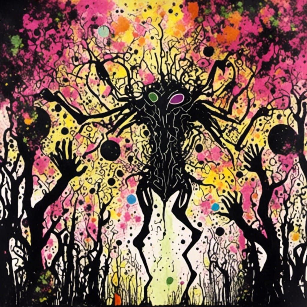 Alien Creature Silhouette in Watercolor Collage Style