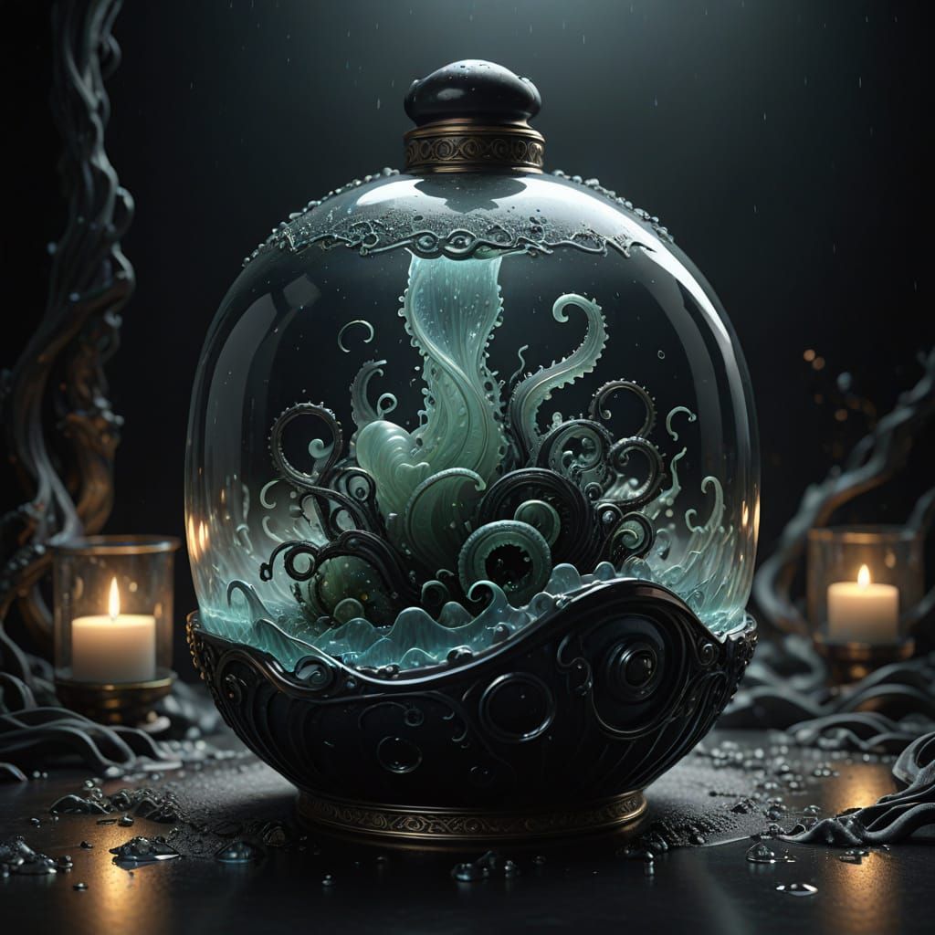 Twisted Glass Container Suspended in Dark, Turbulent Waves