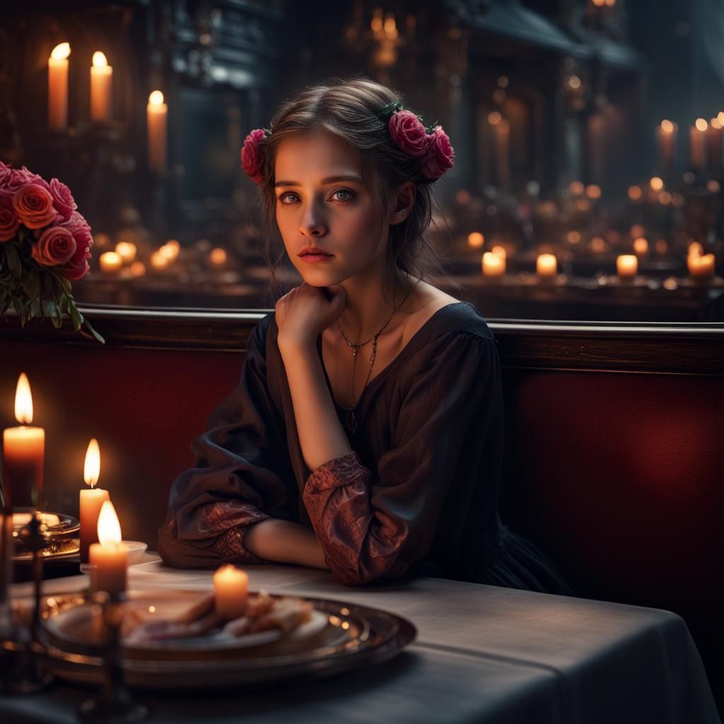 Lonely Girl Waiting in Dark Romantic Restaurant