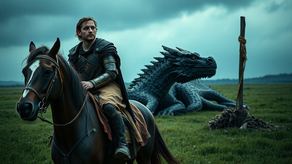 Weary Hero Reflects on Dragon's Demise in a Stormy Landscape